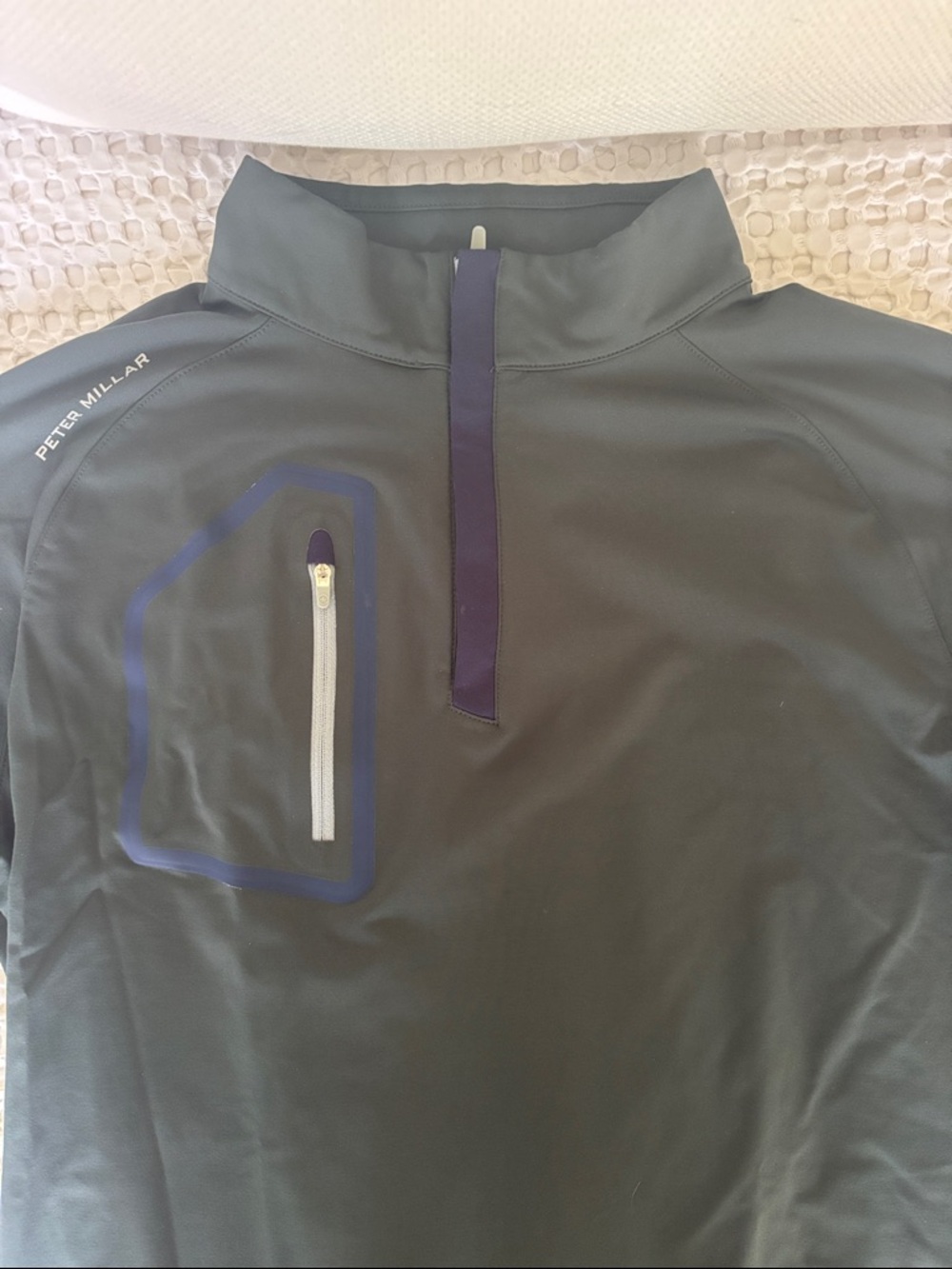 Peter Millar Men's Dark Green Performance Quarter-Zip with Blue Trim